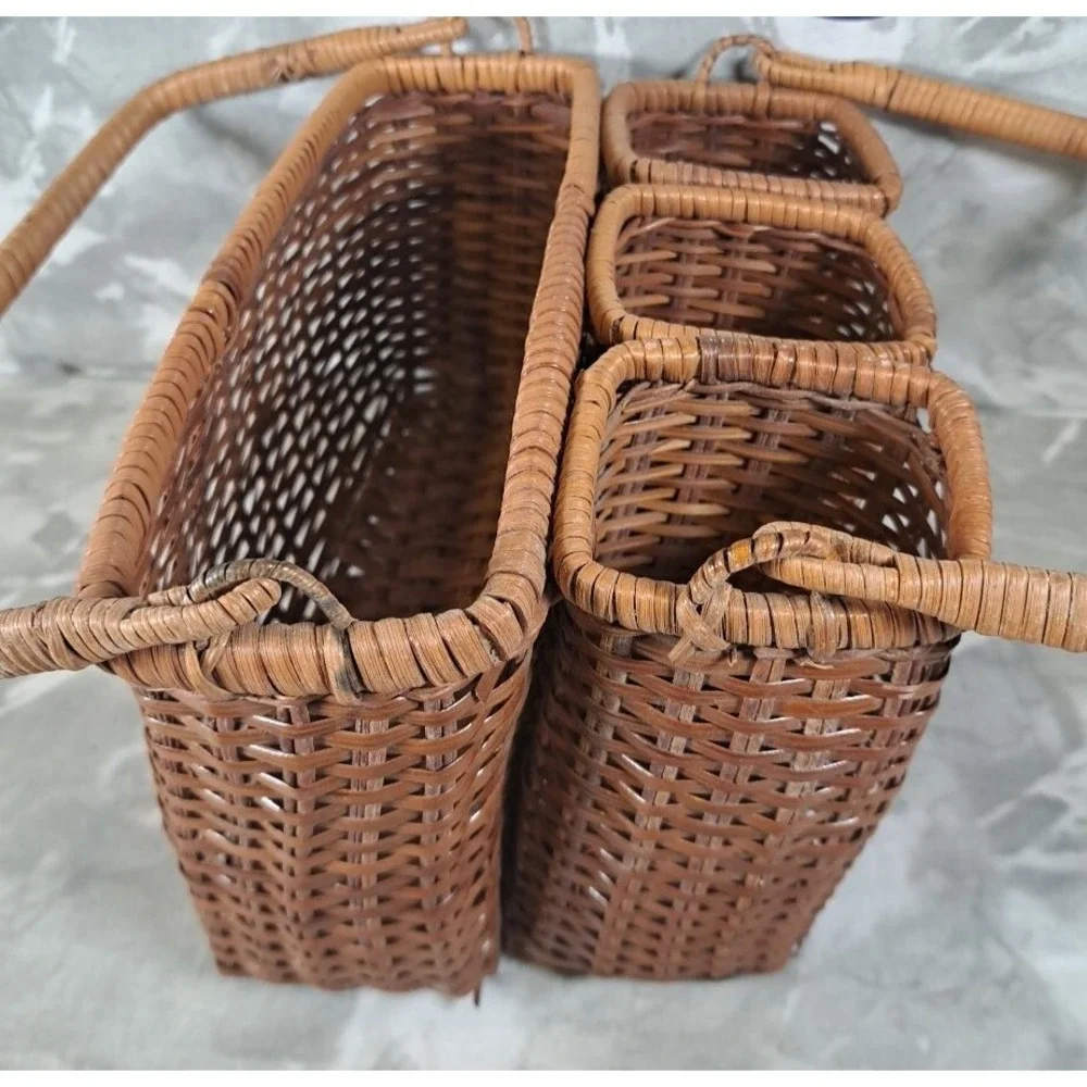 Vtg Wicker Silverware Caddy Flatware Napkin  Holder Organizer Rattan BOHO decor